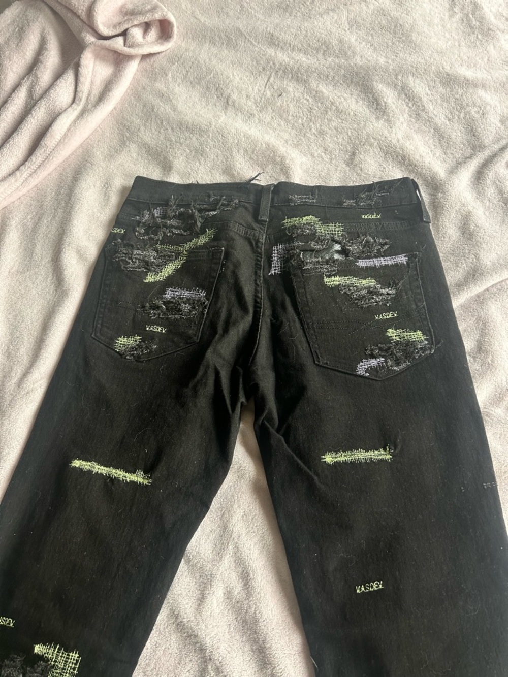 Black Distressed Men’s Jeans with Green Embroidered Accents
